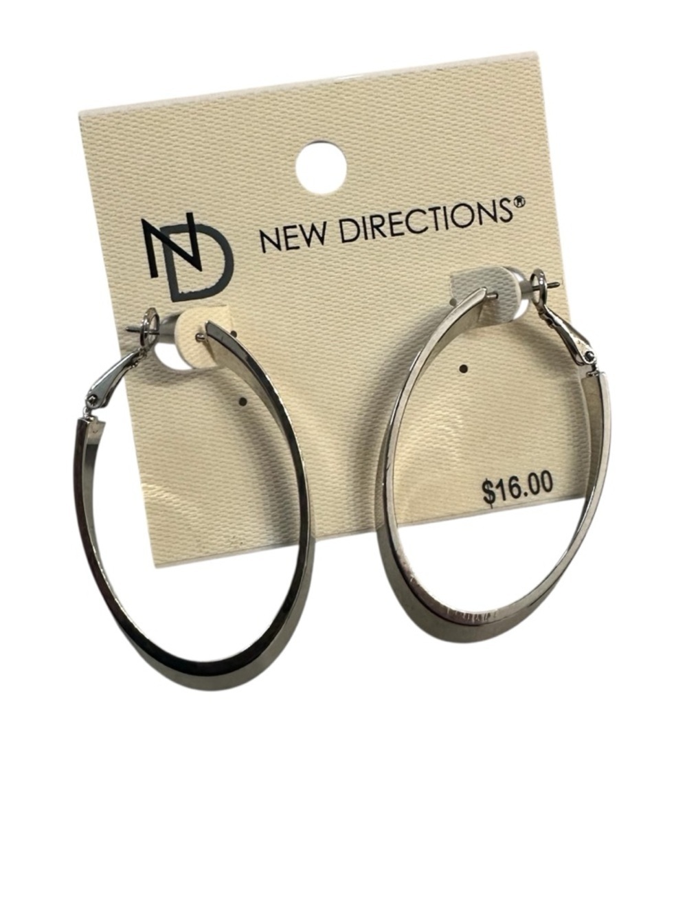 New Directions Women's Silver Elongated Oval Hoop Earrings with Post/Hinge NWT